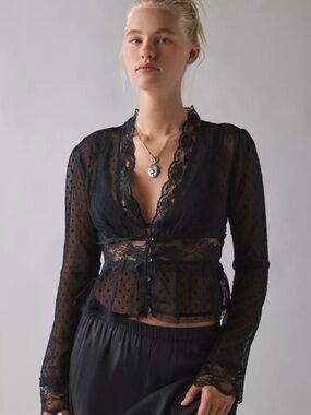 Kimchi blue Sheer Black Lace dot Button-Front Blouse